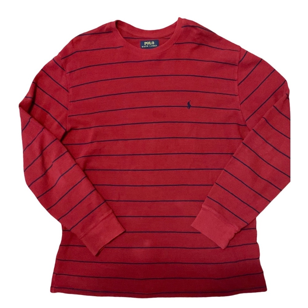Polo Ralph Lauren Mens 2XL Red Navy Blue Striped Waffle Knit Thermal Shirt L/S